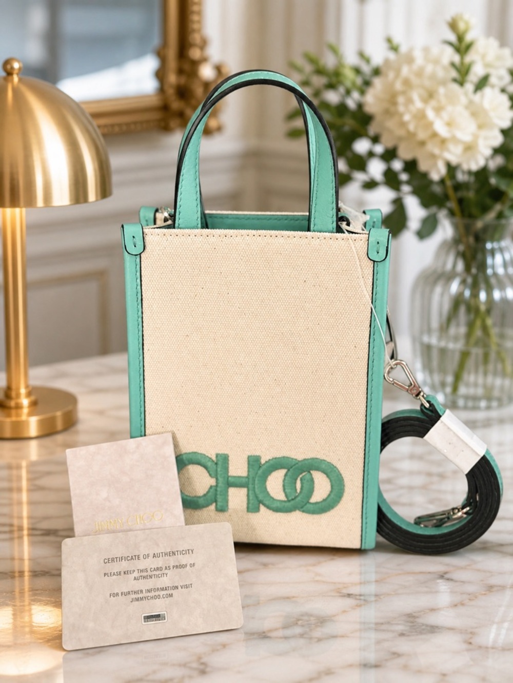 JIMMY CHOO Mini Tote Canvas Bag Embossed Logo Crossbody NWT